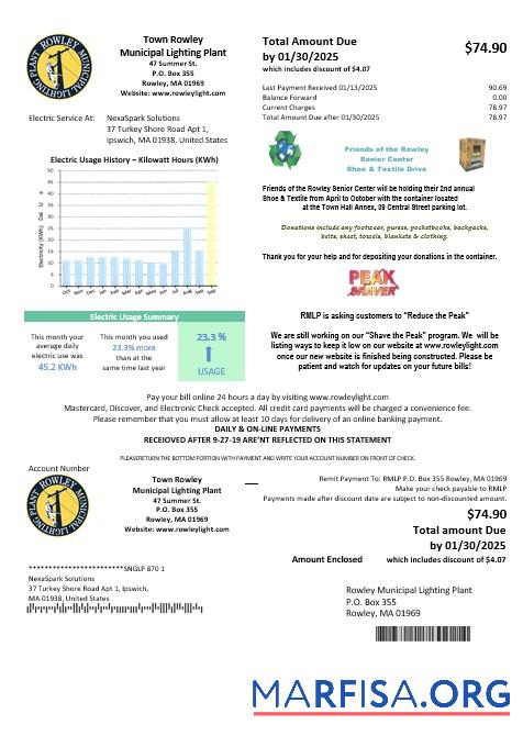 Blank USA Massachusetts Town of Rowley Municipal Lighting Plant electricity business utility bill template in Word and PDF formats